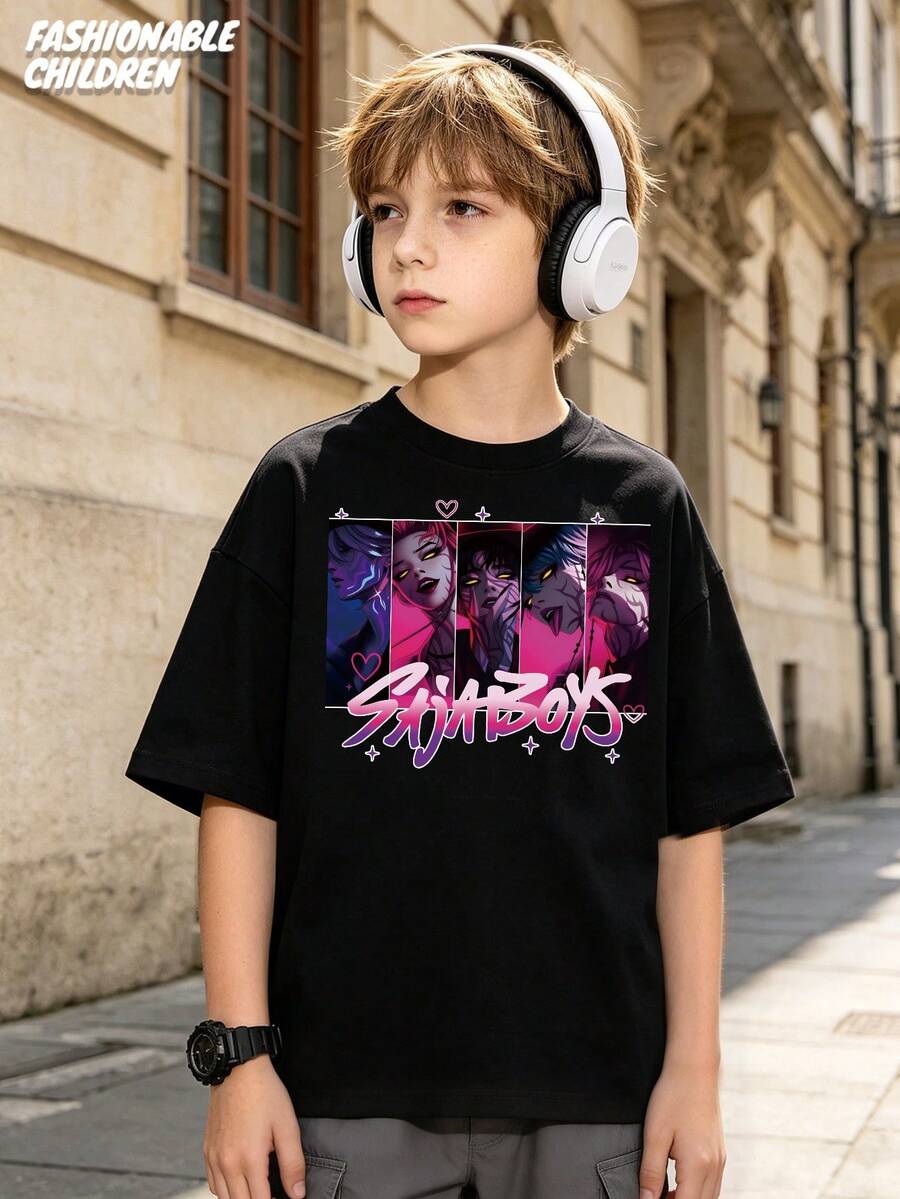 Mattel Saja Boy Pattern Print, Machine Washable, Boys' Pure Cotton T-Shirt, Children's Clothing, Perfect Summer Gift, Casual Outdoor Sports Style, Comfortable And Breathable, Skin-Friendly, Fashionable And Versatile, Round-Neck Short-Sleeve Shirt That Kids Can Wear Alone - màu đen - Xem 1