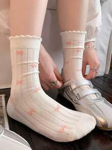 3 Pasang Kaos Kaki Wanita Tipis Minimalis Segar dengan Pita, Panjang Setengah Betis, Gaya Korea, Serbaguna, Bernapas, Anti Selip, Warna Acak - View 4