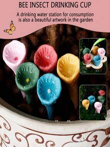 5pcs Colorful Bee Watering Set, Bee & Insect Drinking Cup, Colorful Bee Watering Station With Wooden Base, Suitable For Outdoor, Garden, Balcony, Potted Plants, Creative Gardening Decor, Practical Gardening Tool - Water Feeder - View 2
