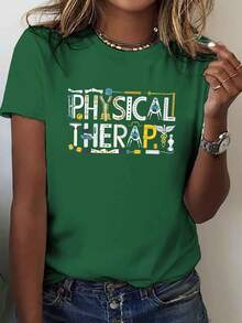 Premium Quality Health Care Physiotherapy Print T-Shirt, Casual Short Sleeve Round Neck Top, Suitable For Summer And Spring, Women's Clothing, . - 綠色 - 查看 8