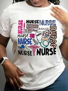 1 camiseta de manga corta con cuello redondo y diseño de enfermera, estilo casual, hecha de tela ted, con diseños de letras, 180g, 100% algodón, los diseños están impresos. Unisexo. - Blanco - Ver 7