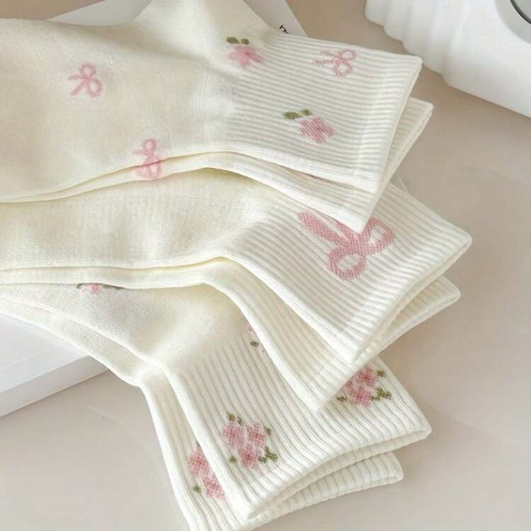 5 đôi tất nữ dài đến bắp chân họa tiết hoa và nơ dễ thương (mẫu ngẫu nhiên) - Tươi tắn và thanh lịch, đa năng, thoáng khí và thoải mái, phù hợp cho cả dịp thường ngày và trang trọng, tất đáng yêu, tất thể thao tinh tế, tất mắt cá chân. - Nhiều màu - Xem 5