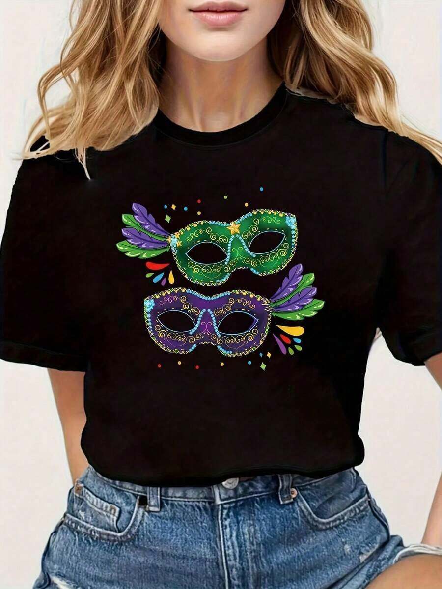 Fiesta del Carnaval del Día Nacional de Brasil! Camiseta con Estampado de Máscara - Top Casual de Manga Corta y Cuello Redondo para Mujer, Divertida y Alegre, Perfecta para Compras Informales, Regalos Navideños y Reuniones con Amigos - Negro - Ver 1