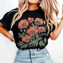 100% cotton Camisetas de algodón 100% para damas con estampado de flores, estilo bohemio vintage, camisetas con estampado de flores silvestres de estilo rural, regalos de cumpleaños, camisetas de manga corta con cuello redondo casuales para damas, 1 camiseta de moda - unisex, talla holgada - camiseta de algodón con estilo urbano vintage y cómoda. - Negro - Ver 1