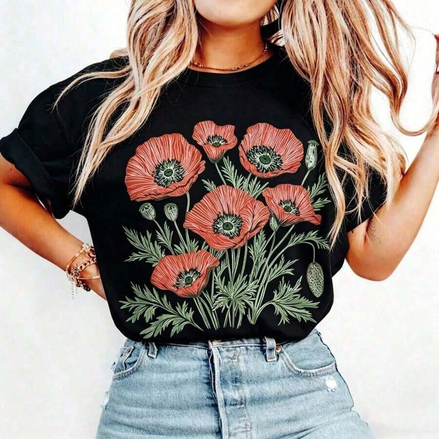 100% cotton Camisetas de algodón 100% para damas con estampado de flores, estilo bohemio vintage, camisetas con estampado de flores silvestres de estilo rural, regalos de cumpleaños, camisetas de manga corta con cuello redondo casuales para damas, 1 camiseta de moda - unisex, talla holgada - camiseta de algodón con estilo urbano vintage y cómoda. - Negro - Ver 1