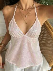 女款多功能休閒時尚綁帶露背海灘度假旅行機場上衣，甜美性感亮片V領鏤空細肩帶背心，春夏季粉紅色 - 粉色 - 查看 1