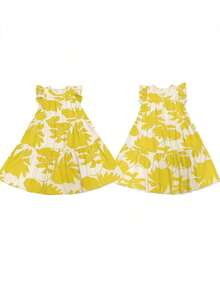 Casual Dress With Floral Print And Ruffled Hem For Spring/Summer Holidays - 黃色 - 查看 3