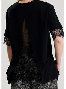 RoseArya Premium Cotton Lace Sleeve & Back T-Shirt - Black - View 4