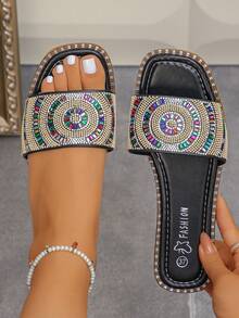 Colorful Rhinestone Slippers For Women, New Summer Fashion Versatile Flat Beach Sandals - Black - View 2