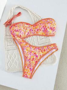 Set de 2 piezas Bikini bandeau con estampado floral rosa para mujer, con tirantes desmontables adecuado para vacaciones en la isla y sesiones de fotos en la playa en verano - Multicolor 7 - Ver 4