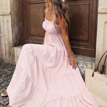 PariChic Women's French Style Vacation Spaghetti Strap Frill Trim Waist Fitted Long Textured Yellow Dress, Spring/Summer Yellow Maxi Dress Women Women Vacation Dress Yellow Sundress Women Long Sundress - Amarillo - Ver 10
