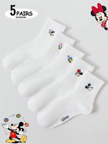 Disney 5雙迪士尼刺繡白色米奇米妮唐老鴨中筒女襪 休閒時尚百搭 適合日常穿著 - 白色 - 查看 6
