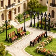 Miniature Park Bench & Street Lamp Set, Dollhouse Furniture Accessories, 1:12 Scale Model Bench & Light Post For Fairy Garden, Diorama, Railway Scenery, DIY Craft Decoration - A - View 6