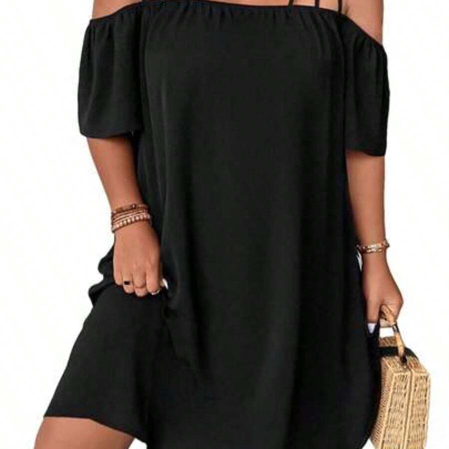 Plus Size Women Off Shoulder Short Sleeve Vacation Solid Color Hollow Out Dress Black Summer Elegant - Negro - Ver 1