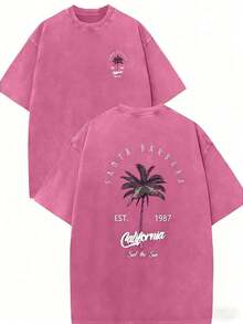 Camisetas Gráficas Estampadas Lavadas para Hombre - "Santa Barbara California" con Diseño de Palmera, Ropa Groove, Camiseta 100% Algodón Puro con Estampado a Doble Cara, Adecuada para Hombres y Mujeres, El Mejor Regalo para el Verano, Camiseta Casual de Manga Corta - Streetwear Y2K, Tops 100% Algodón, Regalos para Novio y Esposo. - Rosa Fucsia - Ver 3