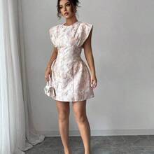 Women Elegant Jacquard Waist Tie Cap Sleeve Summer Dress - Rosa - Ver 4