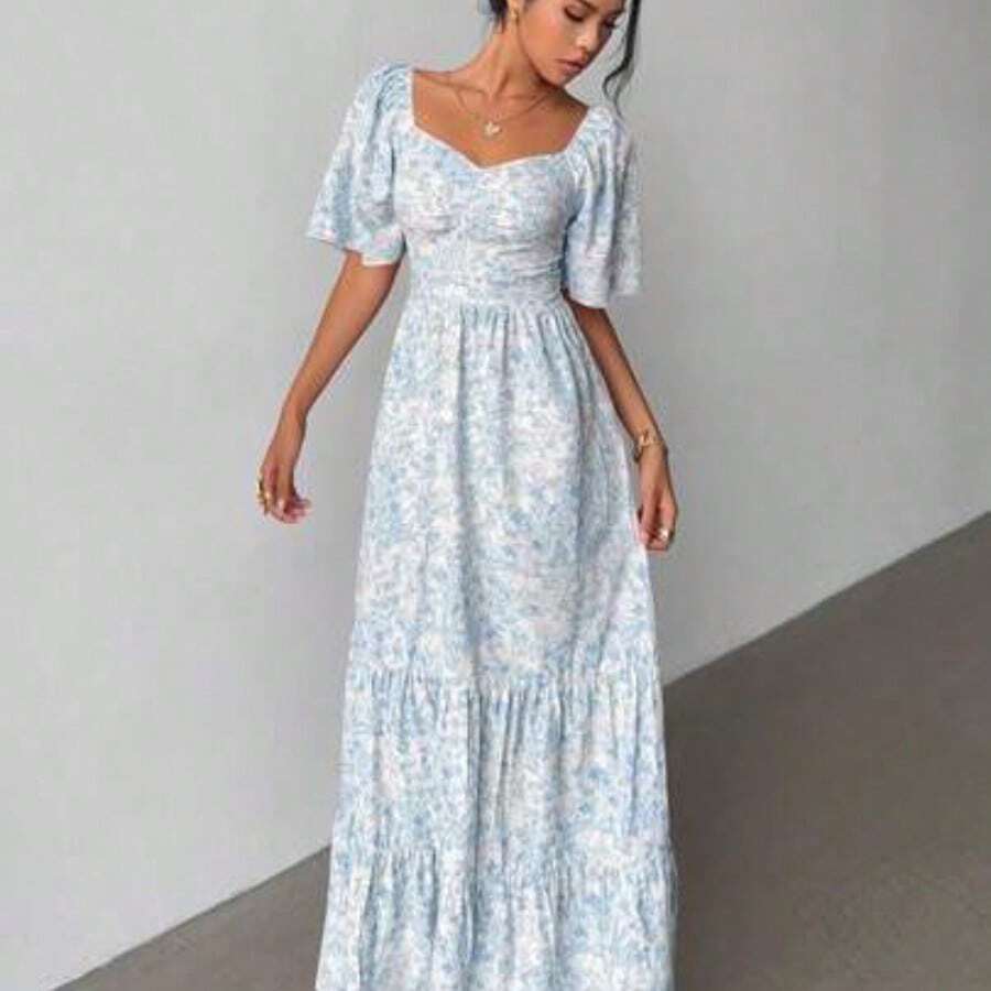 Summer Short Sleeve Vacation Beach Music Festival Pink Floral Dress - Azul - Ver 1