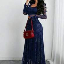 Women's Elegant French Romantic Sexy Square Neck Rose Lace Jacquard Vintage Double-Layer Ruffle Sleeve Asymmetrical Hem Dress, Suitable For Dates, Holidays And Daily Wear Spring - azul real - Ver 1