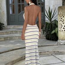 Spring & Summer Vacation Knit Printed Halter Backless Dress For Women - Multicolor - Ver 6