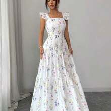Elenzya Women's Floral Print Ruched Waist Elegant Long Dress, Suitable For Dates And Parties - Blanco - Ver 1