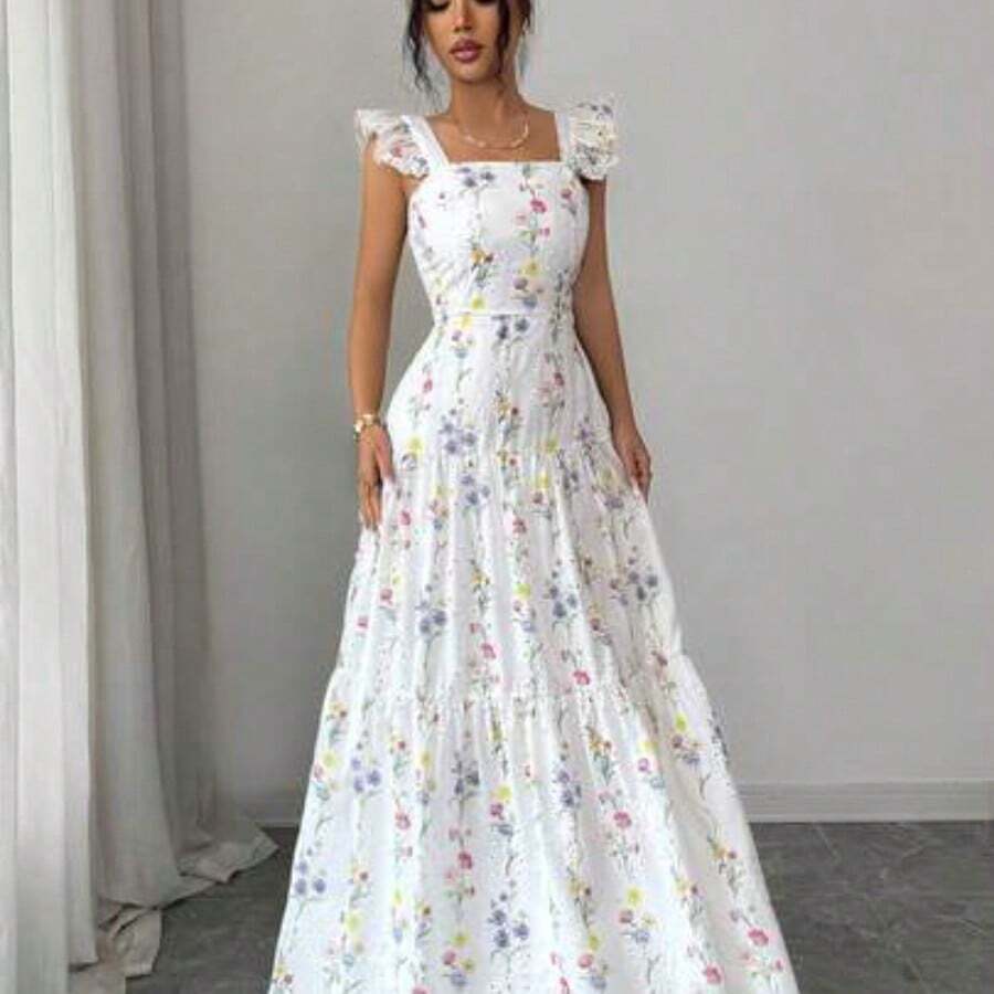 Elenzya Women's Floral Print Ruched Waist Elegant Long Dress, Suitable For Dates And Parties - Blanco - Ver 1