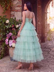 Faeriesty Elegant Spaghetti Strap Layered Ruffle Hem Chiffon Cami Dress, Suitable For Back To School, Parties And School Dances Wedding - Mint Green - View 3