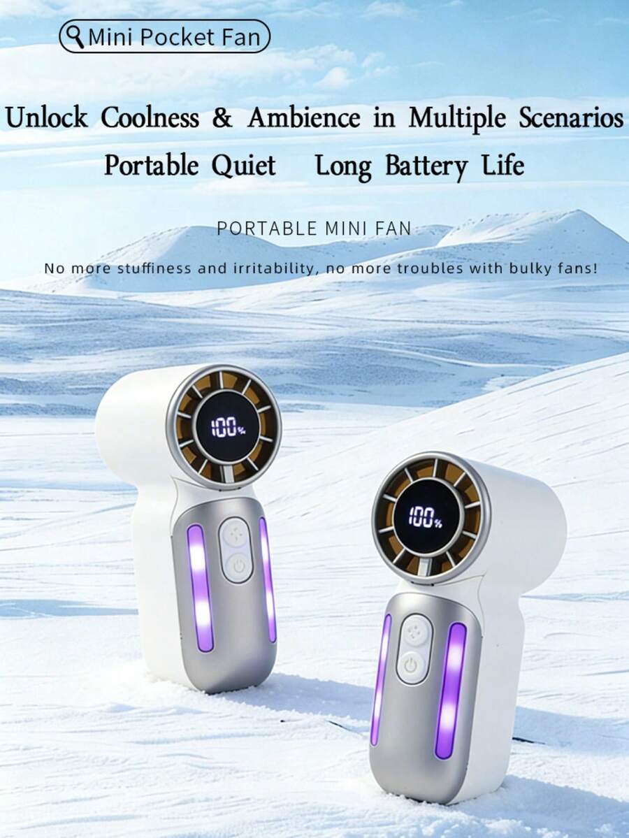 Qixinke Mini Pocket Handfläkt 1–199 justerbara vindhastigheter, med LED-digital display och 7-färgsbelysning: gradient- och fasta färglägen valbara, 3600mAh inbyggt batteri, utrustad med bärbar nyckelrem, perfekt som barnpresent, för utomhusresor och makeupanvändning - A - Visa 1