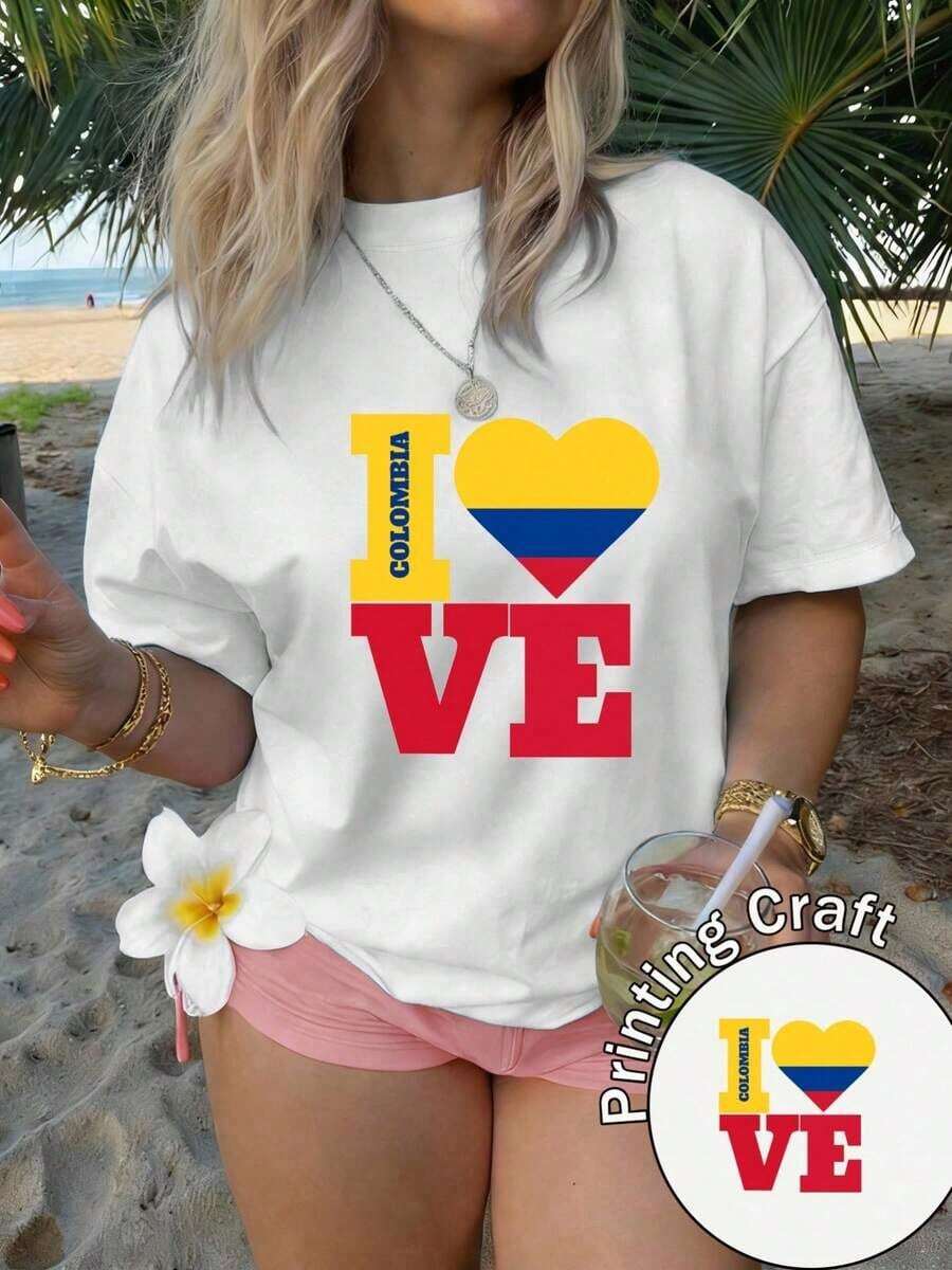 Women's Short-Sleeved Crew Neck T-Shirt, 100% Cotton, Machine Washable, Easy Care, Casual Design With The Letter I And Patriotic Colombia Print, New Summer 2026 Style For Everyday Wear And Travel, 100% Cotton 2026 - 白色 - 查看 1