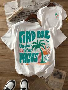 Camiseta de mujer con estampado tropical - Top con texto turquesa "Find Me er the Palms" - Camiseta esencial para vacaciones en la playa - Prenda casual de verano con elasticidad media - Ropa de mujer lavable a máquina, corte holgado, tela transpirable, top de manga corta - Camiseta unisex de algodón de manga corta y cuello redondo, estilo vintage urbano. - Blanco - Ver 8
