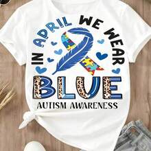In April, We Wore The Blue Autism Awareness Ribbon And The Puzzle Piece Print T-Shirt. This Casual, Crew-Neck, Short-Sleeved T-Shirt For Women Is Perfect For Autism Awareness Month In The Summer. Breathable And Comfortable, This T-Shirt Is Made Of Pure Cotton, Making It Soft And Comfortable Against The Skin. - 白色的 - 查看 3