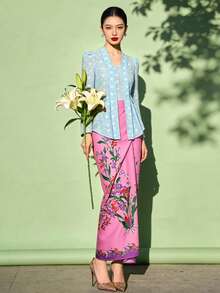 1pc Kebaya Kutubaru Floral Print Tie-Front Asymmetric/Irregular Long Sleeve Blouse For Women, Spring/Summer, Blue Long Sleeve Top - Blue - View 5