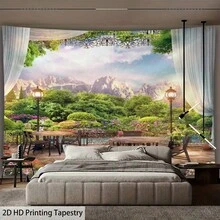 1件花园露台山景挂毯，饰有盛开的花朵、绿植和白雪皑皑的山峰图案，适用于卧室、客厅、宿舍家居装饰，涤纶面料，自然风景墙面艺术挂毯 - 花園露台山景款 - 查看 11
