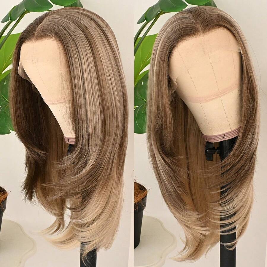 13x4 Layered Brown Wigs Light Brown Lace Front Wigs HD Lace Frontal Wigs Short Curly Lace Front Wig Pre Plucked Glueless Layered Wig Breathable Cap Easy Install Wig Free Part Heat Resistant Fiber Wig For Women Girls Halloween Christmas Party Vacation Daily Used 22 Inch - 挑染金色 - 查看 1