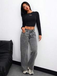 ICON Solid Color Wide Leg Pocket Jeans, Casual And Versatile - 灰色 4 - 查看 10