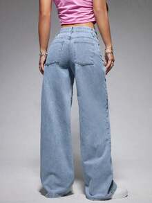ICON Solid Color Wide Leg Pocket Jeans, Casual And Versatile - 淺色水洗 5 - 查看 6