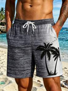 Men's Hawaii Holiday Casual Outdoor Coconut Tree Gradient Pattern 3D Digital Print Loose Beach Shorts, Single Layer With Drawstring,Hawaiian - Black and White - View 2