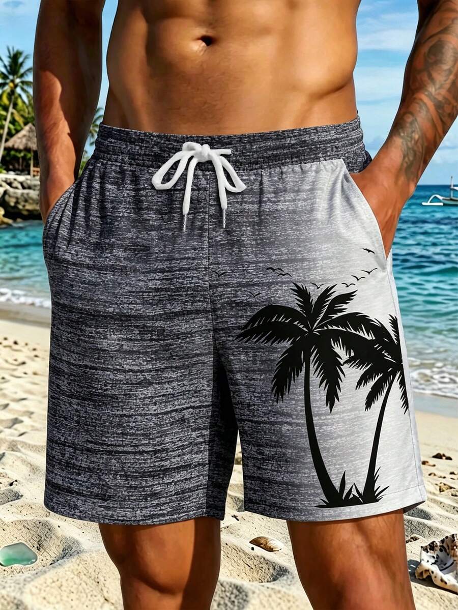 Men's Hawaii Holiday Casual Outdoor Coconut Tree Gradient Pattern 3D Digital Print Loose Beach Shorts, Single Layer With Drawstring,Hawaiian