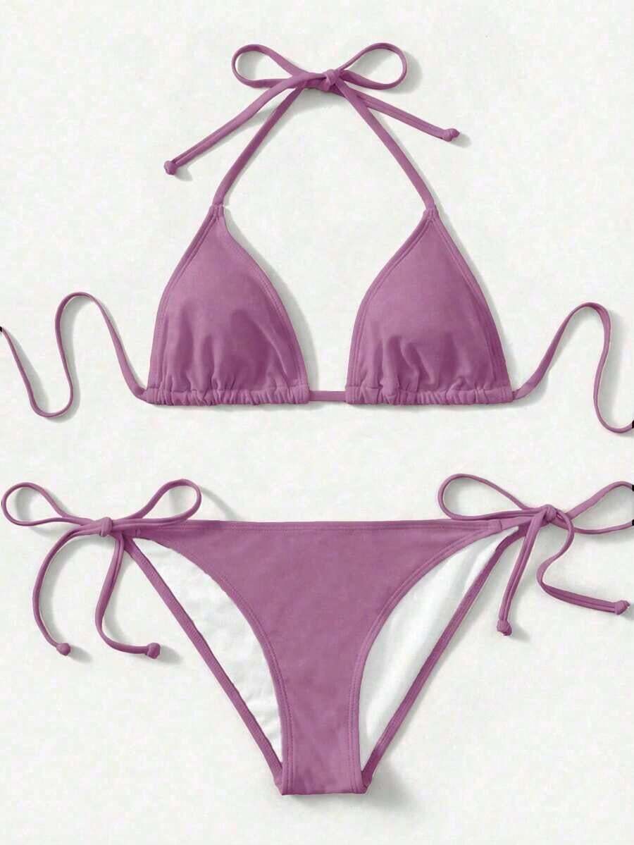 Women's Simple Solid Color Swim Bikini With A Halter Neck And Cutout, Suitable For Beach Vacations And Summer. - Mauve Purple - View 1