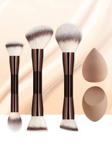 ronshadow Bộ 5 cọ trang điểm: 3 cọ trang điểm hai đầu + 2 bông mút trang điểm, bao gồm cọ má hồng tròn, cọ tạo khối vát và cọ tán kem nền dẹt. - Nhiều màu - Xem 3
