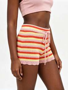 Shorts a Rayas de Croché para Mujer, Multicolor con Borde de Encaje, Cintura Alta con Cordón, Corto, para Vacaciones y Playa de Verano - Naranja - Ver 6