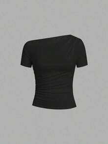 Camiseta de punto elástica de unicolor con hombro asimétrico y manga corta fruncida, multicolor, estilo carnavalesco, elegante para primavera/verano para mujeres - Multicolor 7 - Ver 5