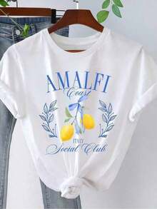 1 Piece Of Women's Clothing: White T-Shirt With Lemon And Laurel Print, T-Shirts, White Top, Graphic T-Shirts For Women, Casual Unisex Round Neck T-Shirt, 220 G/M² Lightweight Knit Fabric, Machine Washable, For Spring/Summer/Autumn, Valentine's Day, Mother's Day, Independence Day - Breathable And High Quality. - 白色 - 查看 1