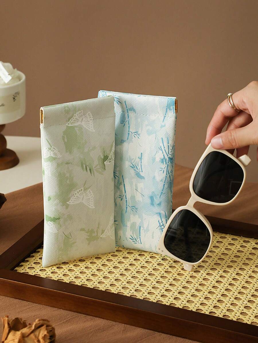 復古東方印花眼鏡收納袋,自動閉合便攜時尚眼鏡保護袋,輕量防塵、防刮耐磨,適合通勤與旅行 - 綠松石色 - 查看 1