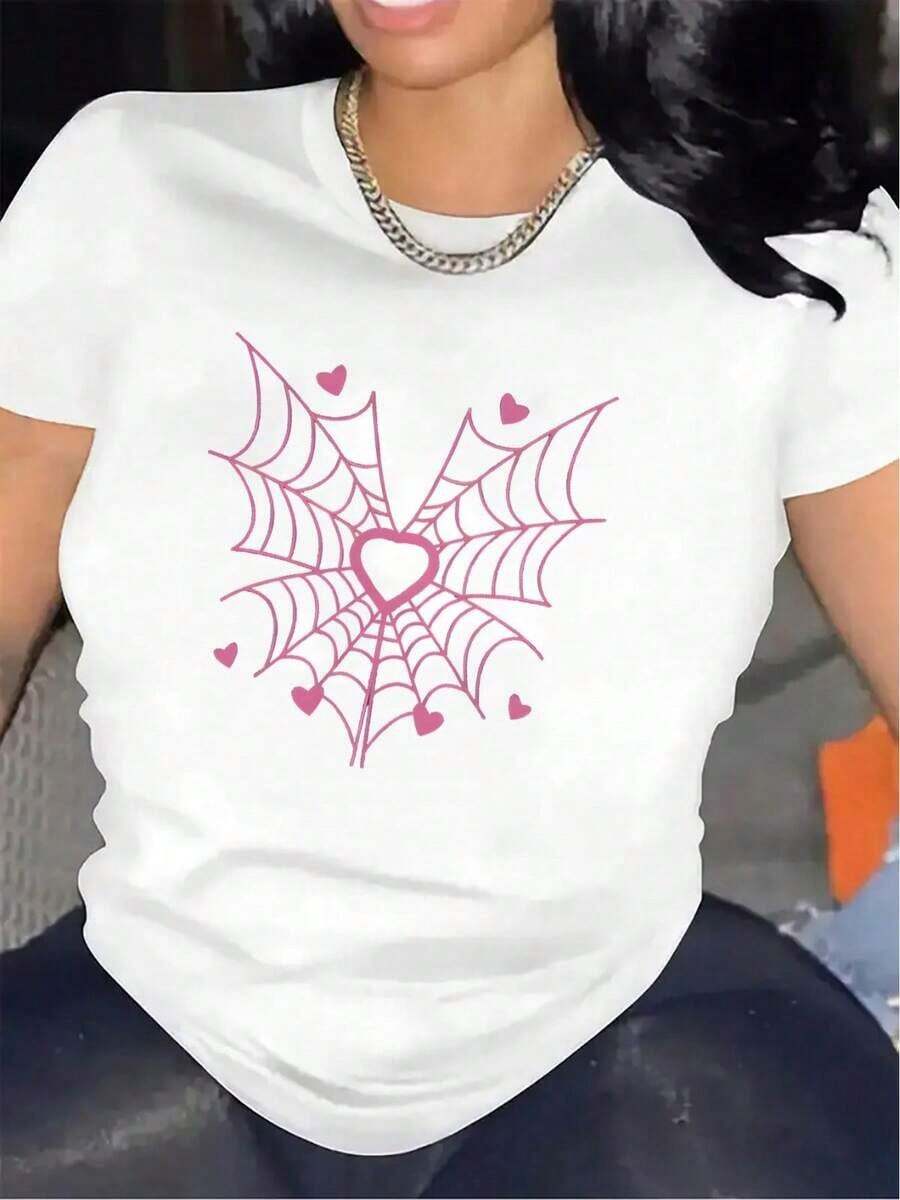 1 Piece Of Women's T-Shirt With Black And White Spider Web Print And Pink Heart - Lightweight, Durable, Round Neck, Casual Blouse For Spring, Summer And Autumn, Machine Washable, For Indoor/Outdoor Use, Not See-Through, Easy To Match With Other Outfits, 180g 100% Cotton. - 白色 - 查看 1