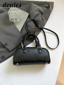 1pc Spring Solid Color PU Handbag, Women's Retro Fashion Baguette Handbag With Top Double Handles, Zipper Closure, Suitable For Office, Campus, Work, Commute, Outdoor, Travel And Casual Occasions - Black - View 10