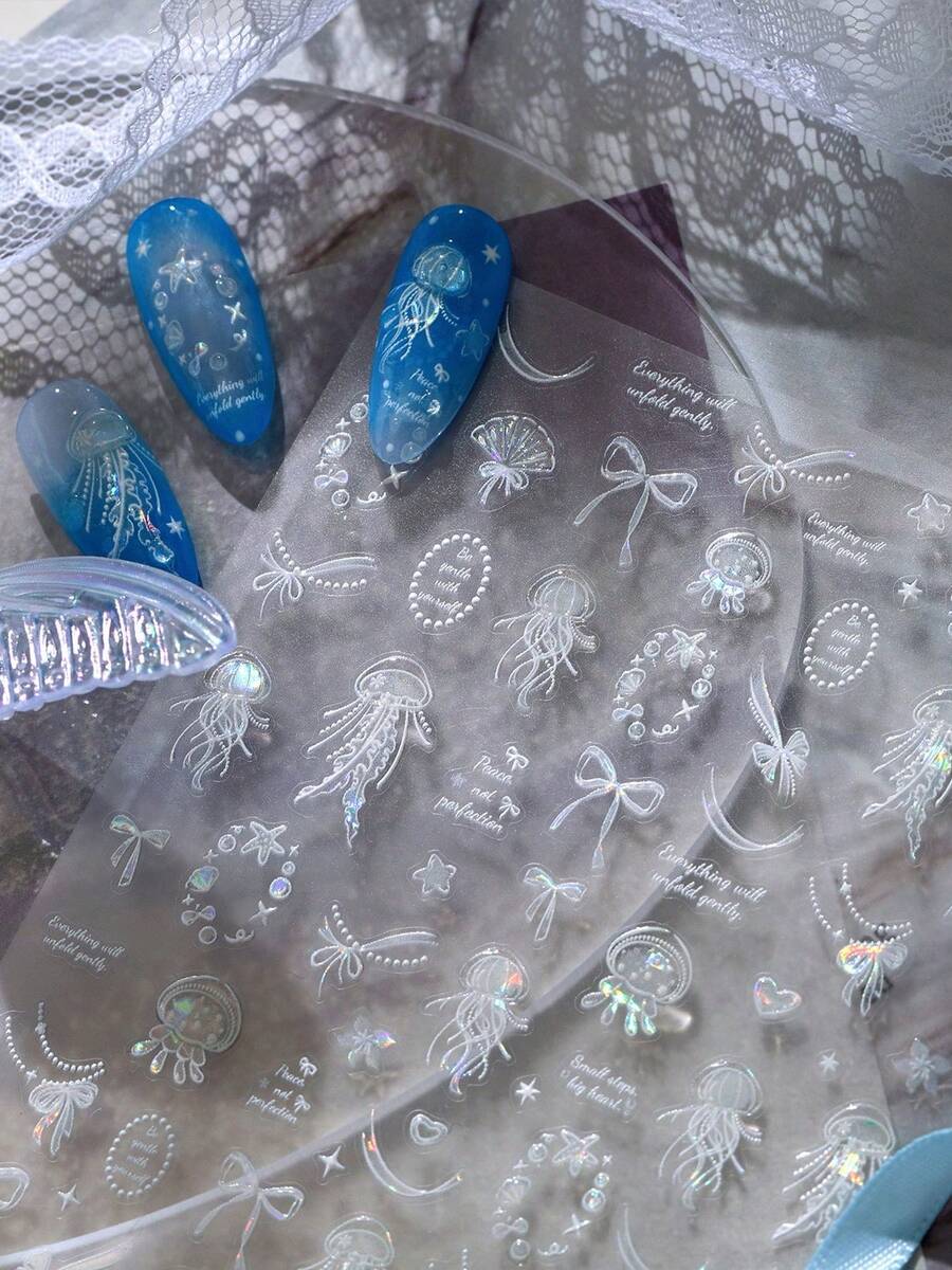 3D立体浮雕全息水母蝴蝶美甲贴纸，彩虹透明海洋风美甲贴花，自粘水母美甲装饰，美甲师和新手DIY必备，1张