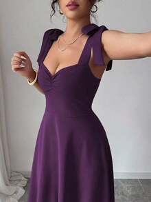elegante y romántico para mujer con lazo decorativo en la cintura y corte evasé sin mangas - Morado - Ver 3