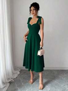 elegante y romántico para mujer con lazo decorativo en la cintura y corte evasé sin mangas - Verde Oscuro - Ver 5