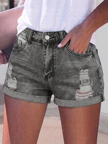 Women's Casual Blue Denim Shorts With Button Details And Rolled Hem, Non-Stretch Fabric, Suitable For Daily Wear Summer - Light Grey - View 2