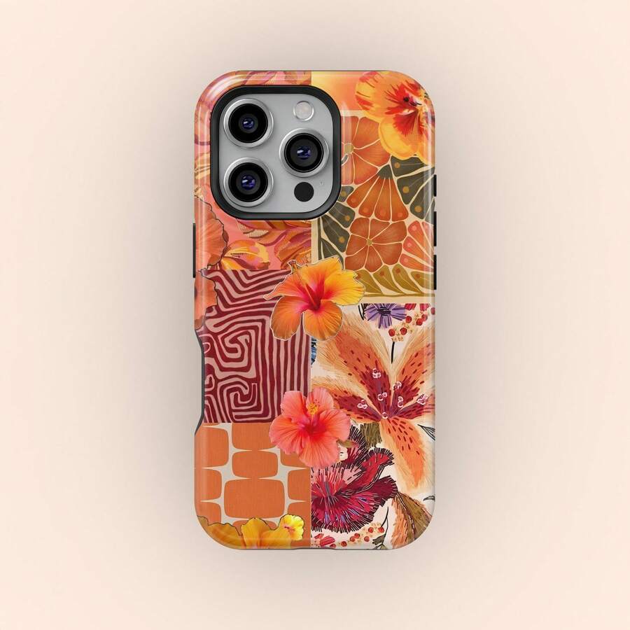 熱帶拼貼圖案木槿花百合花夏季手機殼,適用於 iPhone 17 16 15 14 13 12 11 Pro Max - 橘色 - 查看 1